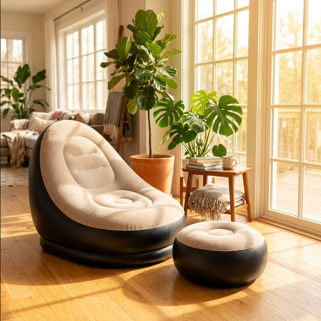 Modern Inflatable Flocked Sofa – Comfortable Portable Air Lounger for Indoor & Outdoor Use