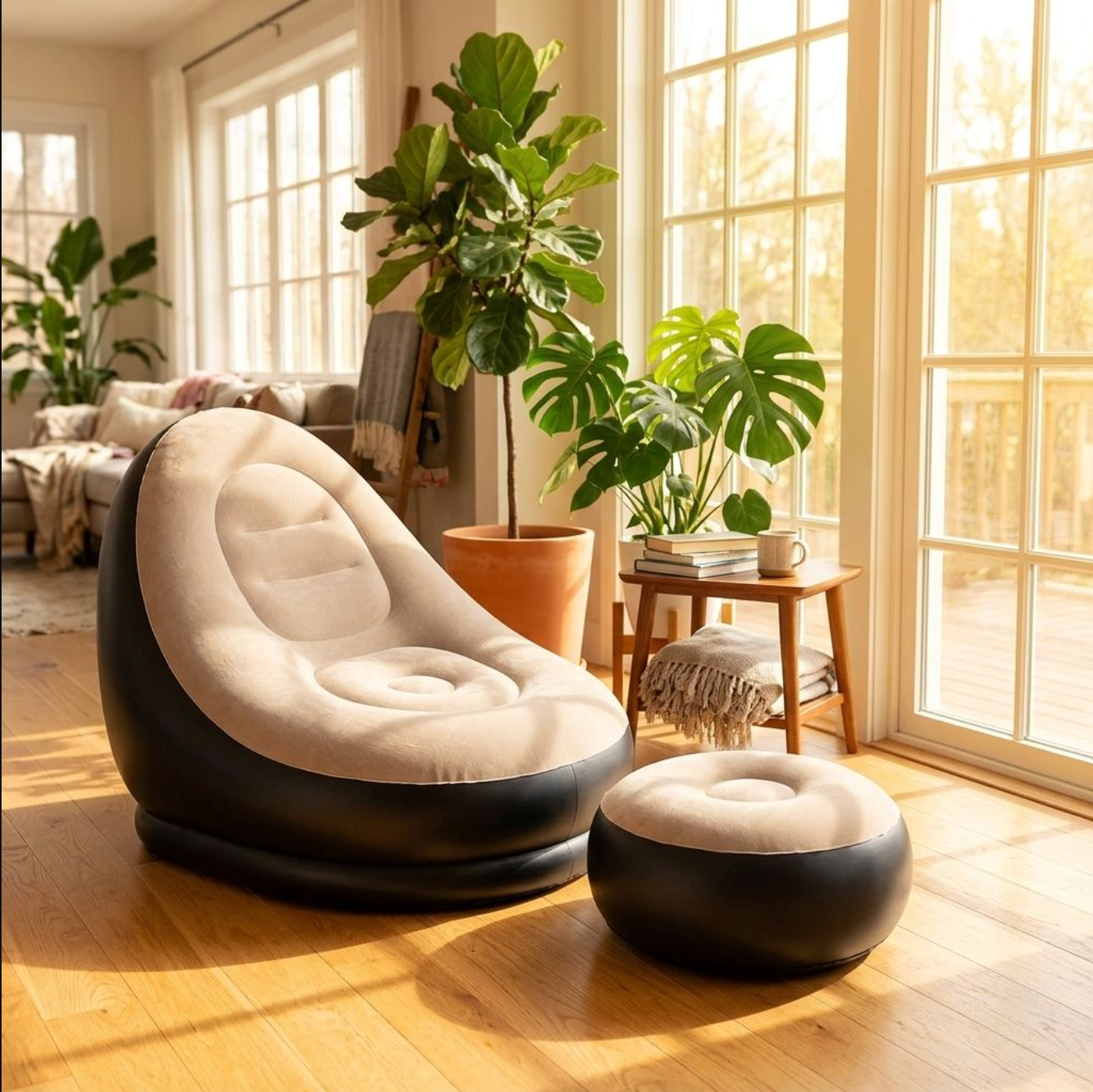 Modern Inflatable Flocked Sofa – Comfortable Portable Air Lounger for Indoor & Outdoor Use