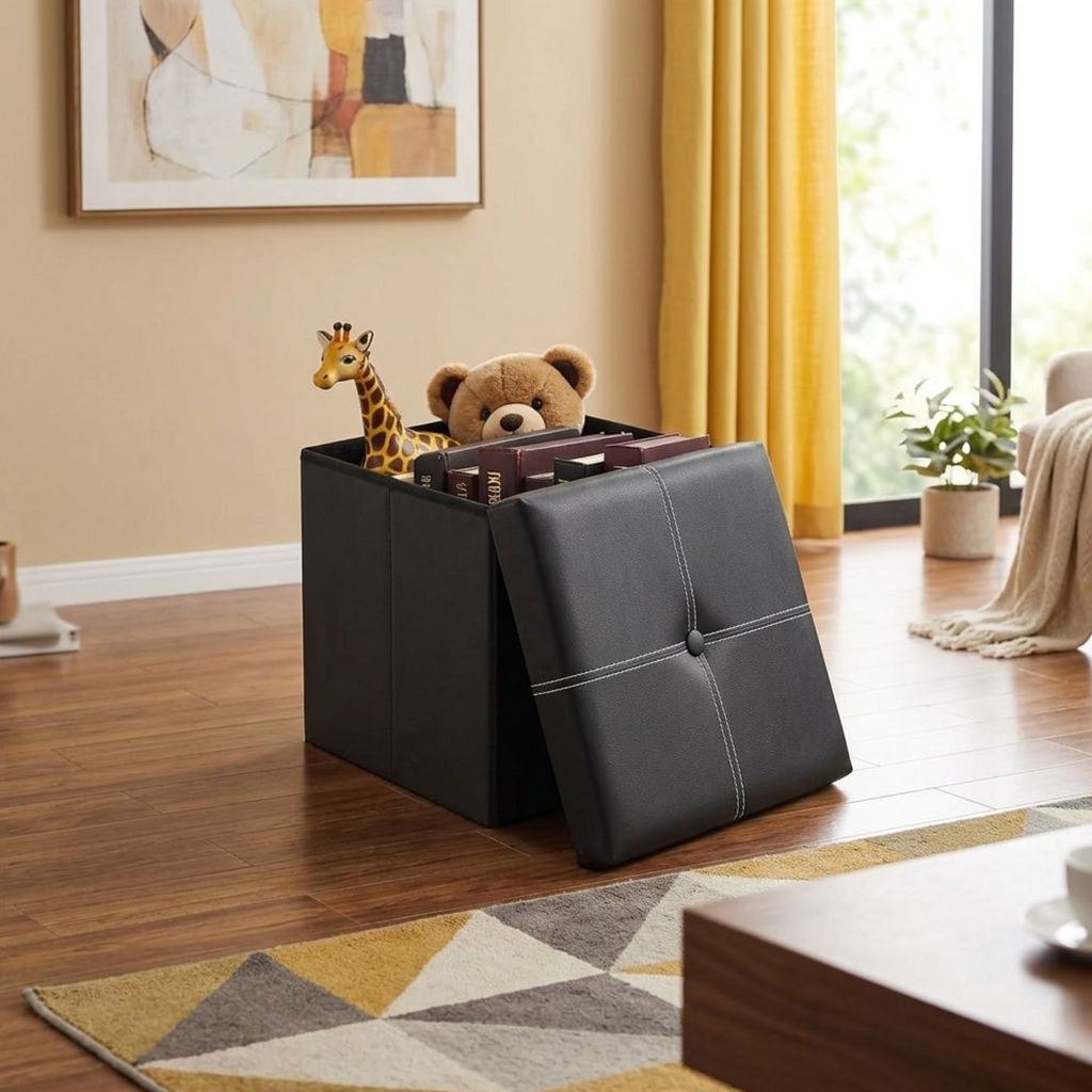 Foldable Storage Ottoman Stool – 30×30×30cm Faux Leather Footstool & Seat with Hidden Storage, Space-Saving Cube