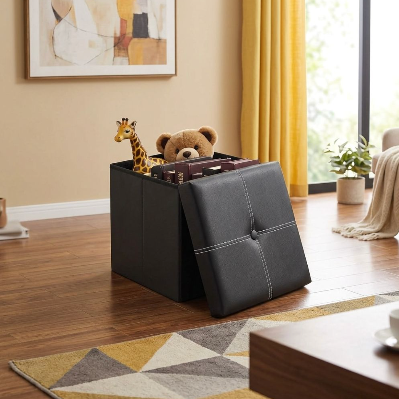 Foldable Storage Ottoman Stool – 30×30×30cm Faux Leather Footstool & Seat with Hidden Storage, Space-Saving Cube