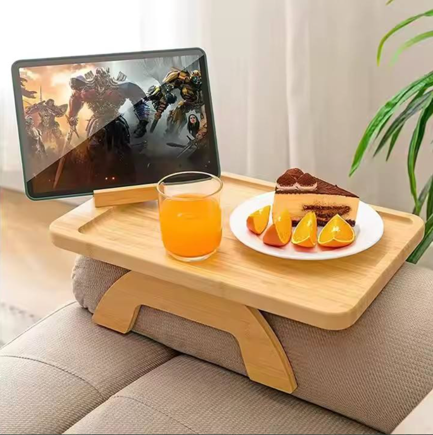 Bamboo Sofa Armrest Tray Table – Foldable Couch Armrest Organiser with Cup Holder, Snack & Remote Control Holder