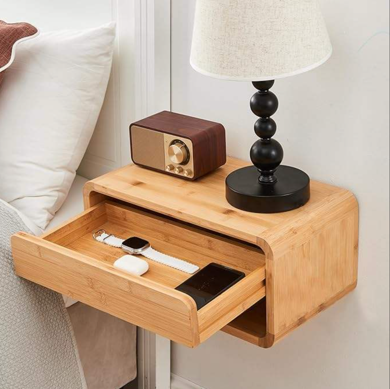 Bamboo Floating Bedside Table with Drawers