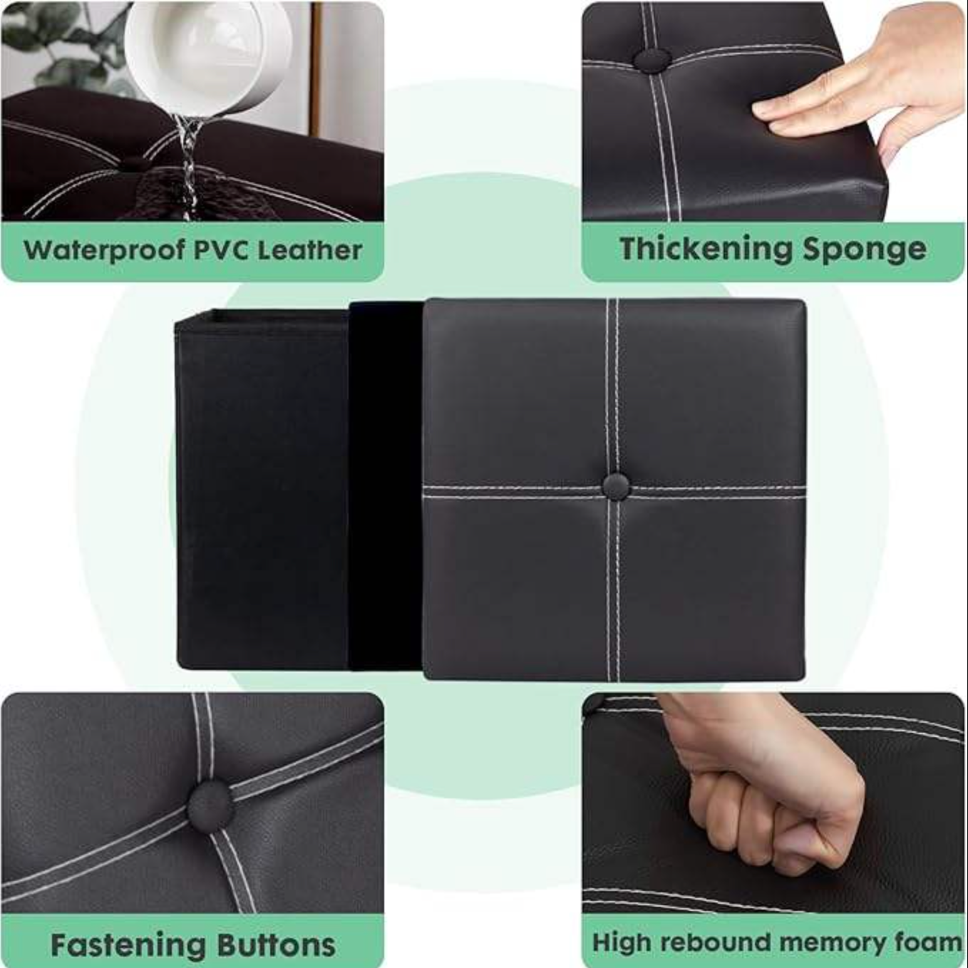 Foldable Storage Ottoman Stool – 30×30×30cm Faux Leather Footstool & Seat with Hidden Storage, Space-Saving Cube