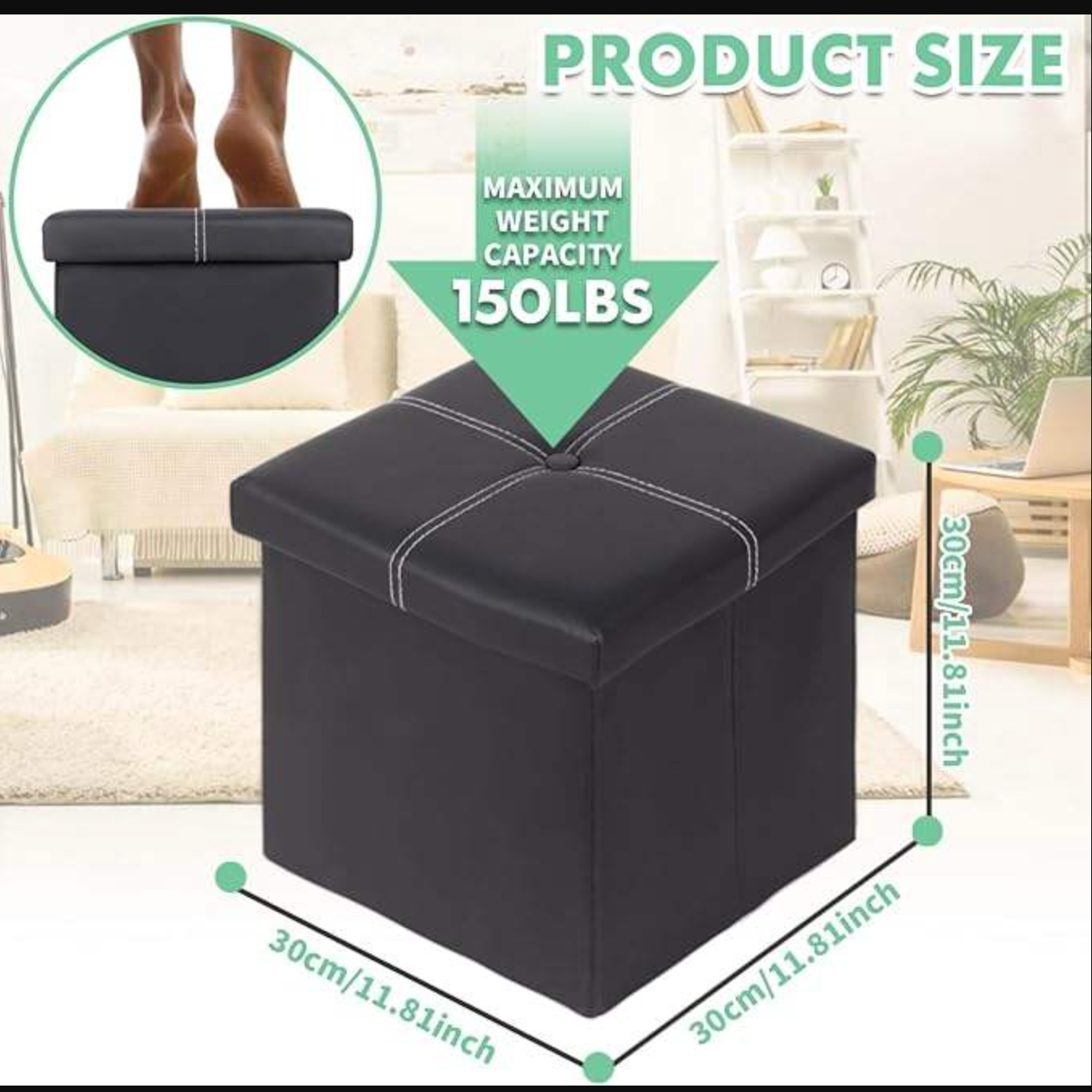 Foldable Storage Ottoman Stool – 30×30×30cm Faux Leather Footstool & Seat with Hidden Storage, Space-Saving Cube