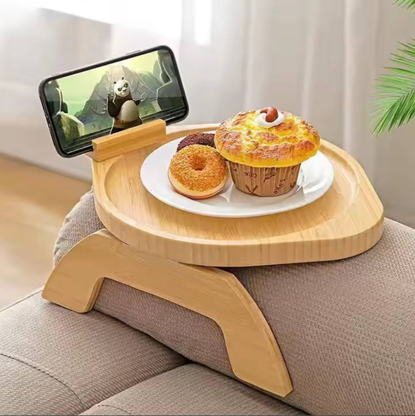 Bamboo Sofa Armrest Tray Table – Foldable Couch Armrest Organiser with Cup Holder, Snack & Remote Control Holder