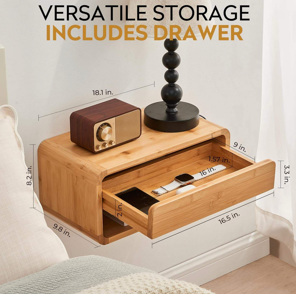 Bamboo Floating Bedside Table with Drawers