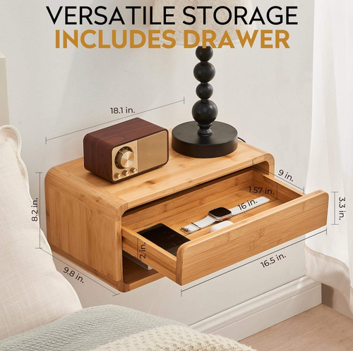 Bamboo Floating Bedside Table with Drawers